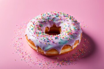 Appetizing donut adorned with variety of colorful sprinkles, on serene pink backdrop, enticing with its tempting appearance. For advertising campaigns, menus, social media platforms, culinary book.