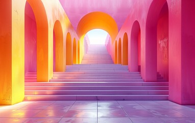 3d rendering of colorful ancient city with stairs and walls. minimalist, pink yellow color scheme