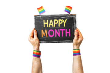 Hands wearing rainbow bracelets holding poster that say Happy month against transparent background. Pride Month concept, LGBT community