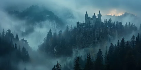 Zelfklevend Fotobehang Mistig bos Background of Landscape with Old Castle in ghotic style