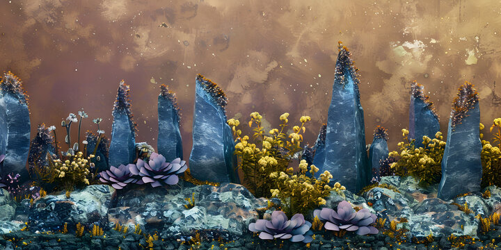 a landscape made out of blue and purple flowers with tall rocks on it, brown background, yellow plants