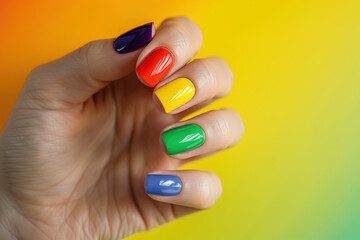 Close up shot of hand with colorful nails in different vibrant colors. LGBT community concept, pride month concept