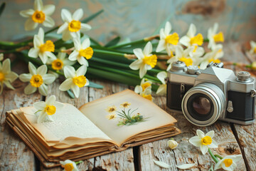 Vintage camera and book with pressed flowers on wooden table