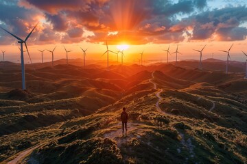 Hiker witnessing sunset amid wind farm landscape - obrazy, fototapety, plakaty