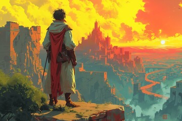 A warrior stands before a sunlit ancient city, the golden hour casting an enchanting glow. - obrazy, fototapety, plakaty