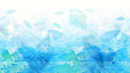 a blue and green abstract background with leaves on the left side of the image and a white background on the right side of the image.