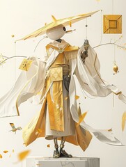 
Golden robot in hanfu stands on the platform, holding an ancient Chinese hat and long silk sleeves. Design of geometric shapes, surrealism. Han Chinese traditional clothing