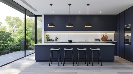 Kitchen with a minimalist design in shades of navy blue, white countertops, and pendant lighting


