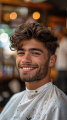 Obraz premium Portrait of young handsome man smiling at the camera in a barbershop