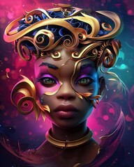 Futuristic African goddess with emphasis on her elaborate headdress,  exquisite intricate details. Digital art, portrait. Beautiful woman, African black queen