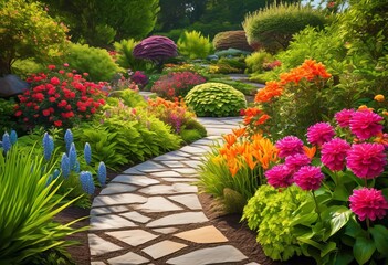 illustration, lush garden landscape design colorful pathway, flowers, greenery, outdoor, natural, beautiful, serene, tranquil, plants, trees, shrubs