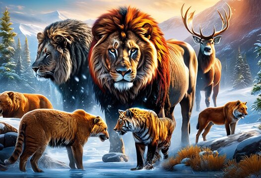 illustration, animal, wildlife, interaction, zoology, image, tiger, picture, mosaic, habits, leo, wallpaper, communication, background, nature,group