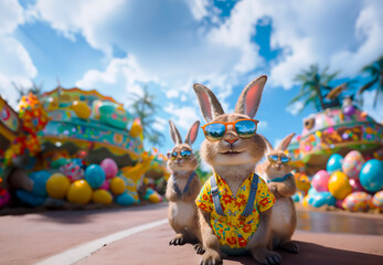 Easter bunnies wearing sunglasses and yellow Hawaiian shirts pose for the camera in front of an Easter-themed amusement park, surrounded by colorful balloons and egg sculptures