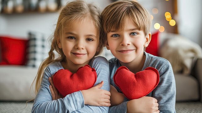 Cute little children, boy and girl, holding red hearts in the room