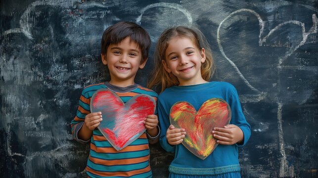 Two happy children, boy and girl, holding painted hearts in front of a grunge background