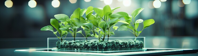 Green tech innovation plant growing out of a computer light green and white