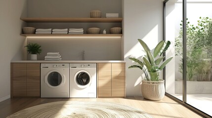 Laundry room with Japandi aesthetics, wooden shelving, and concealed appliances - obrazy, fototapety, plakaty