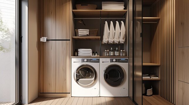 Laundry room with Japandi aesthetics, wooden shelving, and concealed appliances