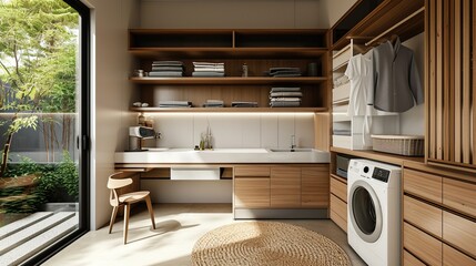 Laundry room with Japandi aesthetics, wooden shelving, and concealed appliances


 - obrazy, fototapety, plakaty
