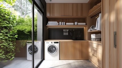 Laundry room with Japandi aesthetics, wooden shelving, and concealed appliances


