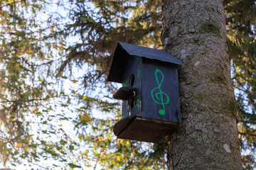 A birdhouse with a green leaf and a musical note on it