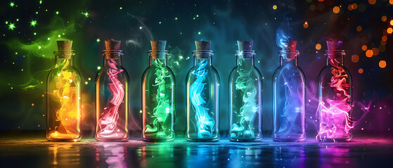 a row of six glass bottles, each containing colorful, glowing smoke or vapor.