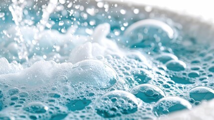 A bubbly scene of soap suds and bubbles contained within a tub, isolated on white for clarity - obrazy, fototapety, plakaty
