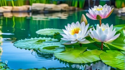 two white water lilies in a pond with lily pads on the surface of the water and green leaves in the foreground.