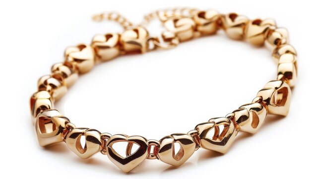 A charming gold bracelet adorned with hearts, presented against a white background, embodying love and tenderness 