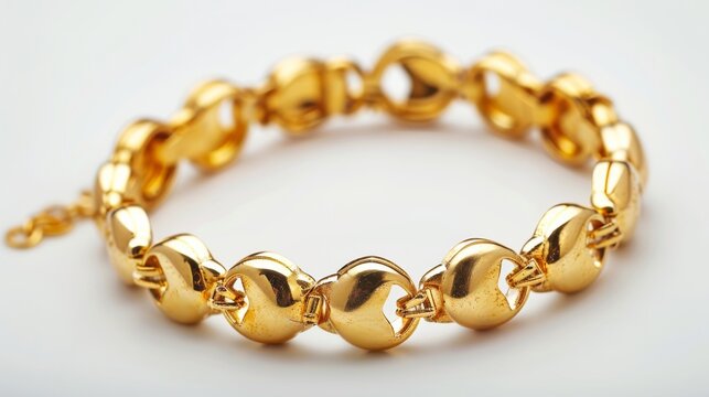 A charming gold bracelet adorned with hearts, presented against a white background, embodying love and tenderness 