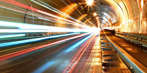 Nighttime Drive Through Light Trails in Long Tunnel With Cars