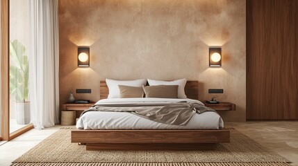 Neutral bedroom with warm wood tones, a low-profile bed, and adjustable wall sconces


