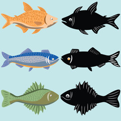  fish illustration and silhouette vector hand drawn collection