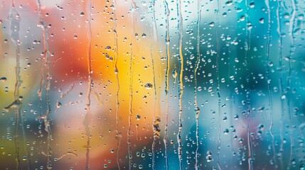 A close-up view through a window on a rainy day, with water streaming down the glass against a blurred, colorful background, evoking a sense of coziness and contemplation