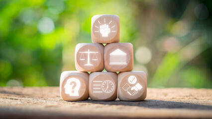 Salience model concept, Wooden block on desk with salience model icon on virtual screen.