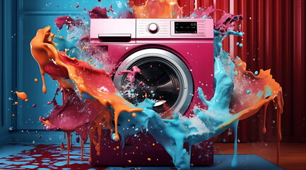 3d washing machine splash with colorful splash, Generative AI
