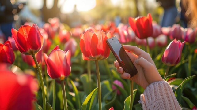 Young girl photographs flowers on smartphone. Hands closeup. Group of colorful tulips. red tulip flower illuminated by sunlight. Soft selective focus, tulip closeup