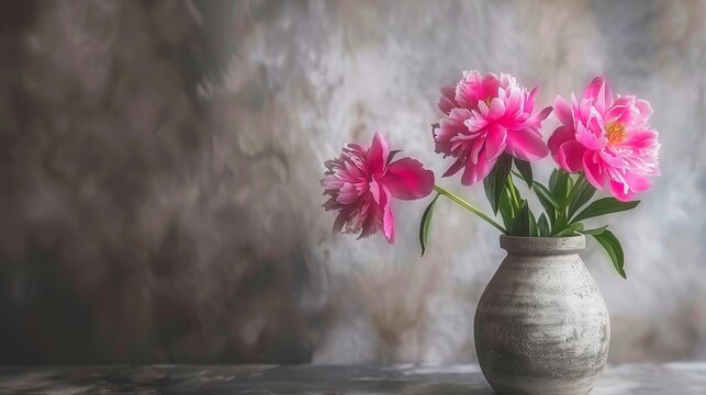 a vase filled with pink flowers sitting on top of a table next to a painting of a wall behind it.