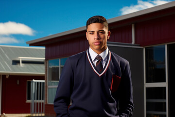 Maori student in school uniform standing outside school