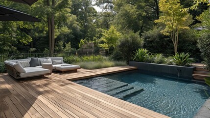 Outdoor pool area with Japandi-style landscaping, wooden decking, and minimalist seating
 - obrazy, fototapety, plakaty