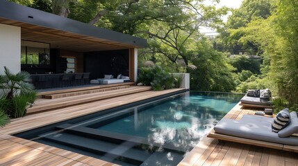 Outdoor pool area with Japandi-style landscaping, wooden decking, and minimalist seating


 - obrazy, fototapety, plakaty
