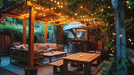 Outdoor seating area with earthy tones, wooden furniture, and a canopy of fairy lights


 - obrazy, fototapety, plakaty