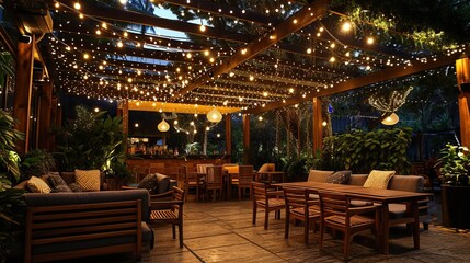 Outdoor seating area with earthy tones, wooden furniture, and a canopy of fairy lights



