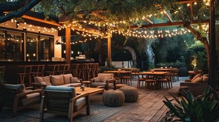 Outdoor seating area with earthy tones, wooden furniture, and a canopy of fairy lights


 - obrazy, fototapety, plakaty