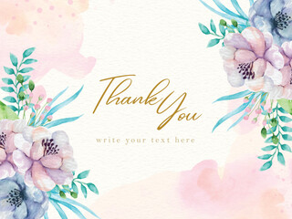 Thank You Greeting Card with Hand Painting of Watercolor Flower Ornaments