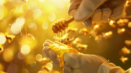 Gentle hand in a beekeeper glove holds a honey dipper dripping golden liquid against a softly lit hive backdrop for World Bee Day, vector style --ar 16:9 Job ID: 1588a3ea-4b69-448c-8687-e4a71ed9bf9d - obrazy, fototapety, plakaty