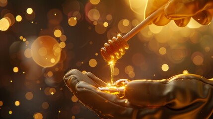 Gentle hand in a beekeeper glove holds a honey dipper dripping golden liquid against a softly lit hive backdrop for World Bee Day, vector style --ar 16:9 Job ID: b25c86a8-c019-46b2-8355-f2b0dbd57b9a