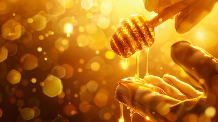 Gentle hand in a beekeeper glove holds a honey dipper dripping golden liquid against a softly lit hive backdrop for World Bee Day, vector style --ar 16:9 Job ID: b25c86a8-c019-46b2-8355-f2b0dbd57b9a - obrazy, fototapety, plakaty
