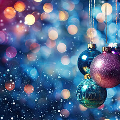 Obraz na płótnie Canvas A blue, green, and purple Christmas ornament hangs from a string