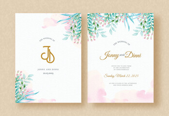 Wedding Invitation Card with Green Florals Watercolor Background and Splash